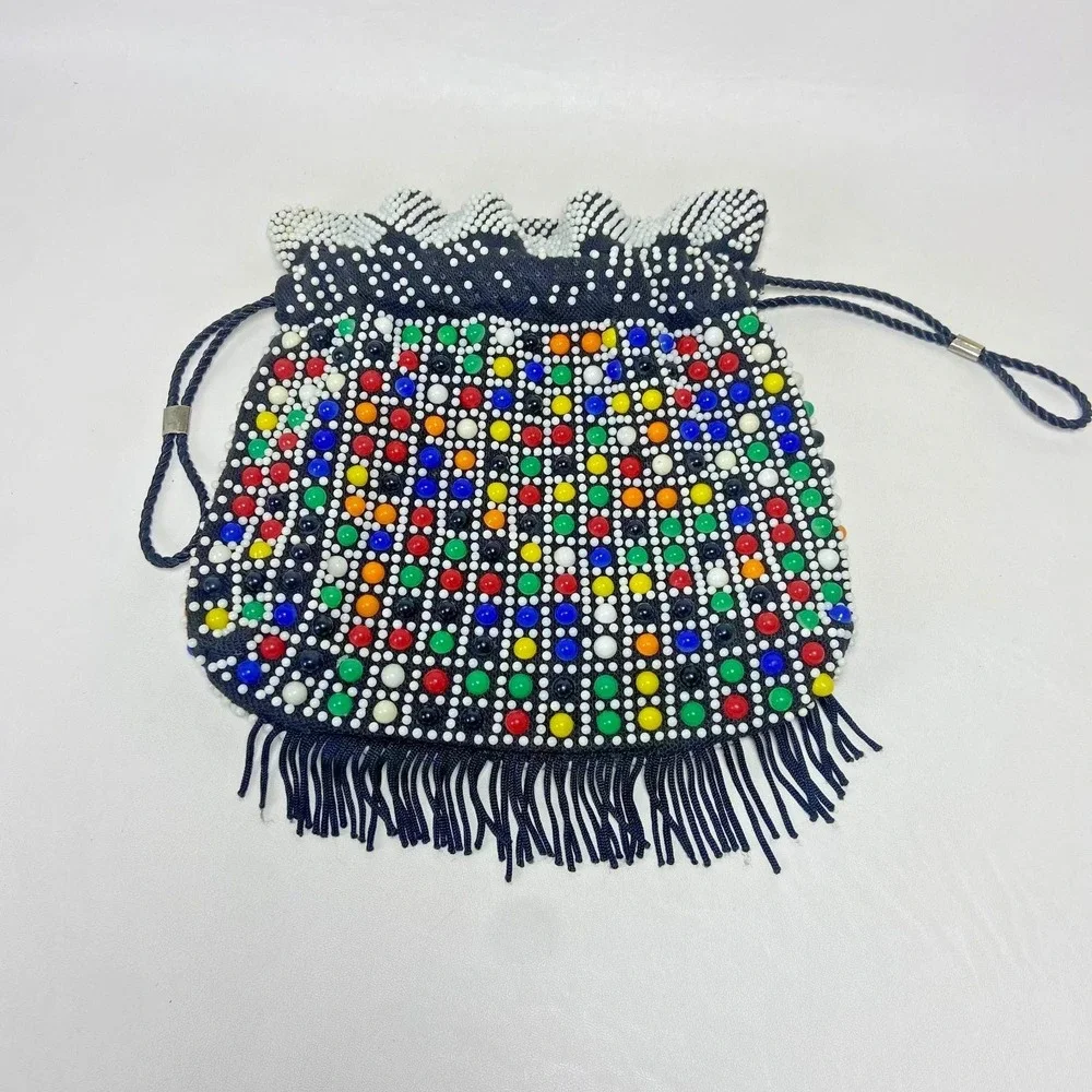 Vintage Beaded Cinch Purse Fringed Bag 1970's Candy Dot Drawstring Colorful